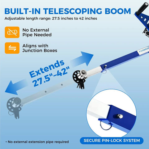 Adjustable telescoping boom extending from 27.5 to 42 inches on a Heavy Duty Handheld Cable Puller And Drill Powered Wire Tugger.