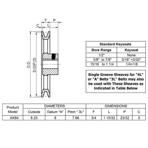 Technical diagram of Three Quarter Inch Bore V Belt Pulley With Eight And A Quarter Inch Outer Diameter One Groove Cast Iron Sheave for 3L and 4L V Belts.