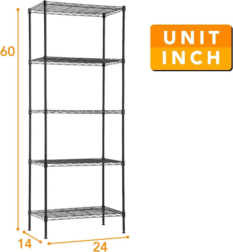 Five Tier Wire Shelving Unit Built Tough Rock Solid Heavy Steel Rack Black Finish Ideal For Kitchen Garage Restaurant Pantry Storage And Real Deal Organization Measures 14 By 24 By 60 Inches In Size