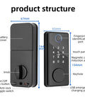 Product structure of Solid Pro Smart Fingerprint Deadbolt Lock With Straight Up Auto Lock Integration showing dimensions and features.