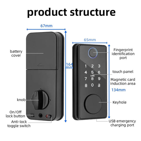 Product structure of Solid Pro Smart Fingerprint Deadbolt Lock With Straight Up Auto Lock Integration showing dimensions and features.