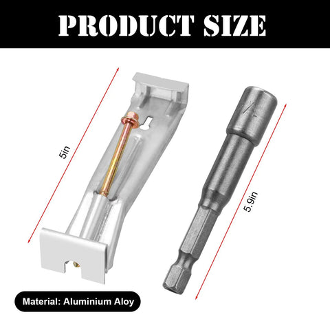 Close-up of 25 Pack 5 Inch Pre Assembled Aluminum Gutter Hangers With Pre Inserted Screws Quick Screw Clips Hidden Bracket For Sagging Rain Gutters Hex Drill Bit Included showing product size and material.