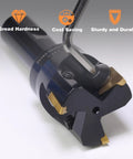 Close-up of a Three Quarters Inch Shank Indexable End Mill With Two Inch Cutting Diameter and three inserts.