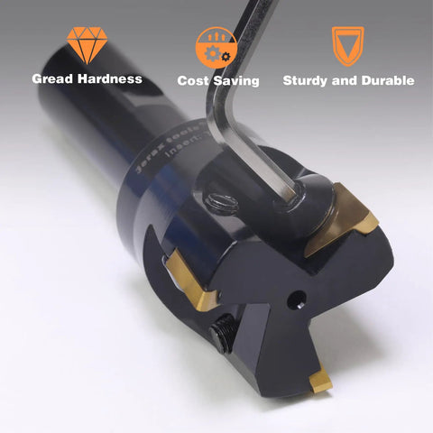 Close-up of a Three Quarters Inch Shank Indexable End Mill With Two Inch Cutting Diameter and three inserts.