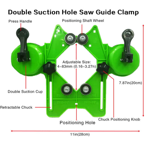 Double suction guide clamp for Diamond Hole Saw Kit With Adjustable Guide Jig, labeled parts and measurements visible.