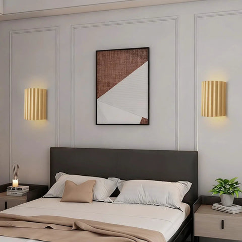 Indoor Hardwired Up and Down Cream Wall Sconce Set of 2 Modern LED 3000K, modern design with textured cream finish on bedroom wall.