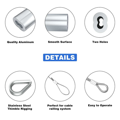 Heavy Duty Wire Rope Crimping Tool Kit For 2.0mm Cable With Aluminum Ferrule Sleeves 160 Pieces 4 Sizes And Stainless Steel Thimble Assortment details