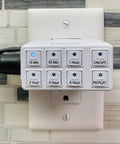 Front view of TimerMax Indoor Countdown Timer With One Outlet Six Handy Presets Like 15 Min 30 Min 1 Hr 2 Hr 4 Hr 6 Hr Auto Repeat Each Day Manual On Off Auto Shut Off Great For Daily Routines, plugged in showing presets.