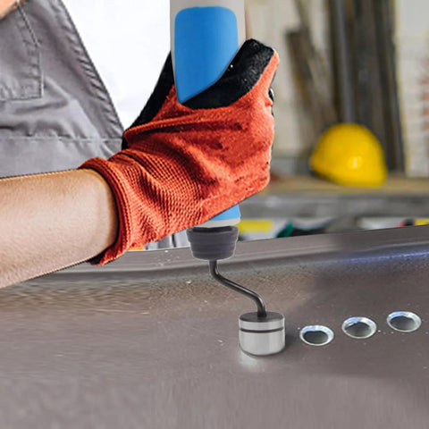 NG1000-BC1651 deburring tool with blue handle removing burrs from a metal sheet edge.