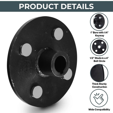 Badass Rear Wheel Hub With One Inch Bore And Quarter Keyway For Go Kart Atv Quad Trike Steel Construction Lug Nuts Included Kickin Ride Eight Inch Wheels Boss Grade Replacement Part, showing side view with keyway and stud pattern.