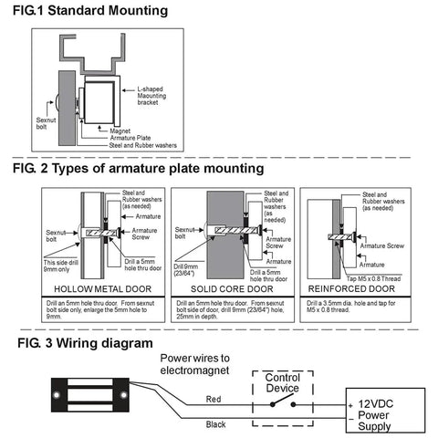 Diagram showing mounting and wiring of Heavy Duty Magnetic Door Lock 60KG 130LB Holding Force for metal, wood, glass doors.