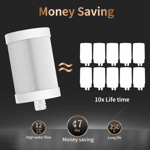 Image of a money-saving Stainless Steel Faucet Water Filter showing 10x lifespan, 12 cups per minute, and 250-gallon capacity