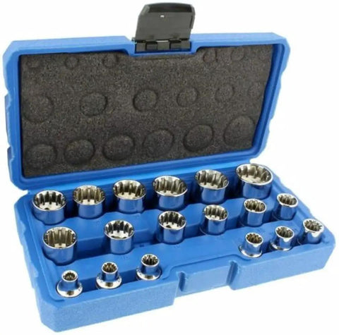Hella Tough 18 Piece 3/8 Inch Drive Penta Metric Spline Socket Set With Polished Finish, displayed in a blue case.