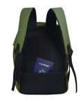 Back of Khaki Under Seat Personal Item Backpack 16x12x6 Inches For WestJet Air Canada Flair Airlines And More with pocket holding passport