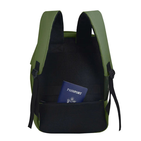 Back of Khaki Under Seat Personal Item Backpack 16x12x6 Inches For WestJet Air Canada Flair Airlines And More with pocket holding passport
