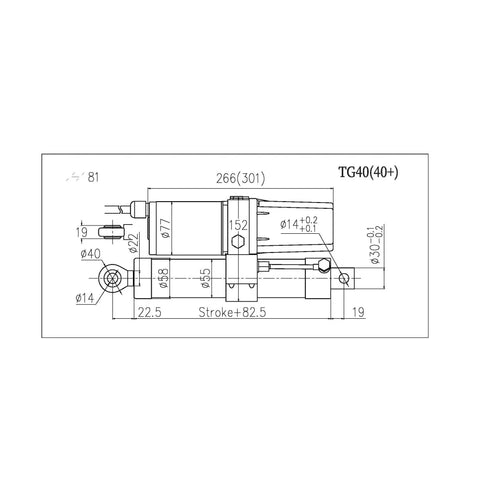 Line drawing of Heavy Duty 18000N Electric Linear Actuator With 800mm Stroke dimensions for installation and use.