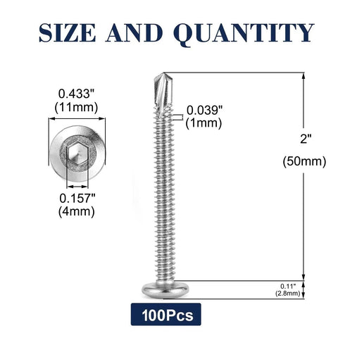 Premium Heavy Duty Size 12 X 2 Inch Flat Head Tek Screws 100 Pack 410 Stainless Steel dimensions shown with measurements.