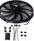 Street Ready 16 Inch Electric Radiator Cooling Fan With Smart Thermostat Wiring Switch And Relay Kit, showing black 16-inch fan, hardware for installation.