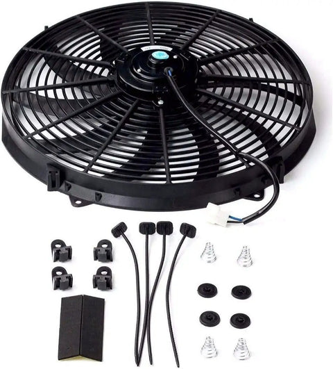 Street Ready 16 Inch Electric Radiator Cooling Fan With Smart Thermostat Wiring Switch And Relay Kit, showing black 16-inch fan, hardware for installation.