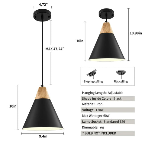 Dimensions and features of Dope Black Pendant Light Two Pack 9.4 Inch Farmhouse Modern Pendant Lighting for various spaces with wood accents.