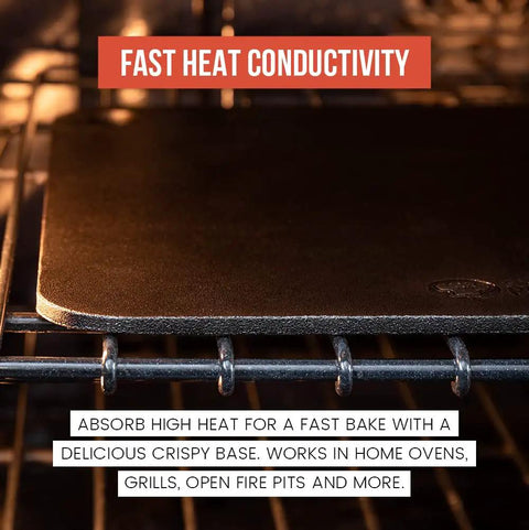 High Heat Pizza Steel For Oven And Grill 13 by 13 Inch One Quarter Inch Thick Baking Stone on oven rack showing heat conductivity