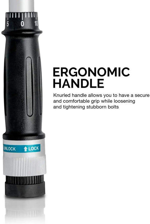 Close-up of ergonomic handle on Beefy 3/8 Drive Adjustable Click Torque Wrench 15 To 80 Ft-Lb Range, 14 Inch Length, Cr-V Steel
