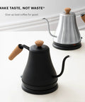 27oz Gooseneck Electric Water Kettle For Pour Over Coffee And Tea, Stainless Steel Matte Black, Easy Pour, shown in two finishes.