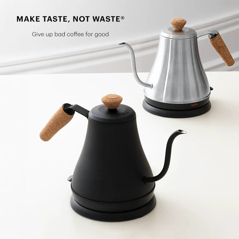 27oz Gooseneck Electric Water Kettle For Pour Over Coffee And Tea, Stainless Steel Matte Black, Easy Pour, shown in two finishes.
