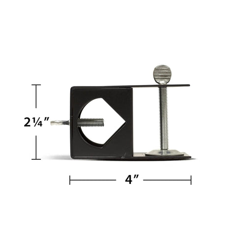 Side view of Deck Torch Mounting Bracket Kit With Four Adjustable Clamps For Rails Or Balusters, black metal, 4" x 2.25".