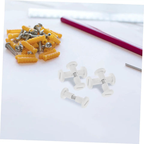 No Sweat Furniture Assembly Hardware 50 Piece Clamp Nut And Connecting Screw Kit components with yellow fasteners and white clamps.