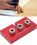 Top Shelf Wood Doweling Jig Drill Kit With Spot On Scaling Ruler And Rugged Aluminum Frame For Hassle Free Furniture Joinery And Cabinet Refinishing Projects Built Damn Tough And Ready For Work Red, showing bushings and drill setup.
