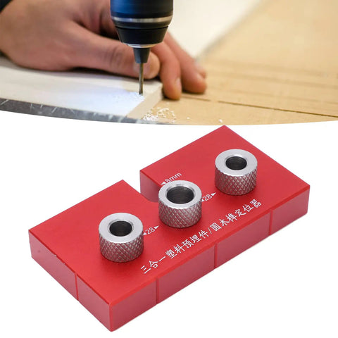 Top Shelf Wood Doweling Jig Drill Kit With Spot On Scaling Ruler And Rugged Aluminum Frame For Hassle Free Furniture Joinery And Cabinet Refinishing Projects Built Damn Tough And Ready For Work Red, showing bushings and drill setup.