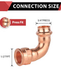100 Pack Copper Press Elbow Fittings 3 4 X 1 2 Inch Female 90 Degree Plumbing Pipe Connector detailed view with connection size.
