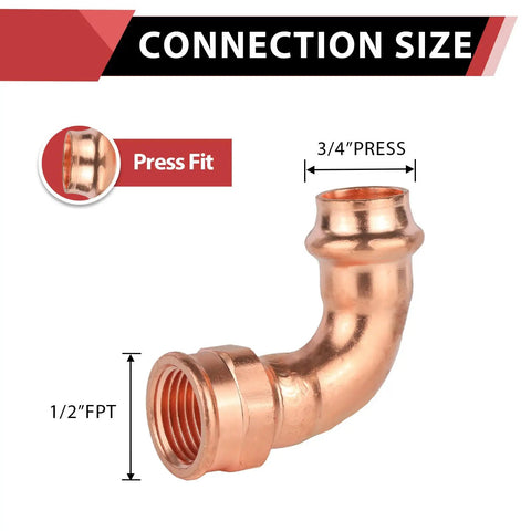 100 Pack Copper Press Elbow Fittings 3 4 X 1 2 Inch Female 90 Degree Plumbing Pipe Connector detailed view with connection size.