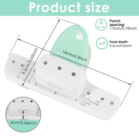 Three-Hole Mini Paper Puncher Portable Desktop Handheld Puncher With No-Fuss Eight-Sheet Capacity dimensions shown