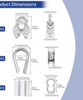 Dimensions of Beefy Heavy Duty Eighteen Piece Three Sixteenth Inch Wire Rope Accessory Kit components shown.