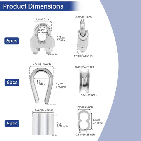 Dimensions of Beefy Heavy Duty Eighteen Piece Three Sixteenth Inch Wire Rope Accessory Kit components shown.