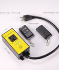 Kickstart Your Shop Setup With This Wireless Remote Automatic Vacuum Switch For 120V Dust Collectors Featuring Auto Power On Off Outlet Dual Remotes And Smart 5 To 10 Second Timer in image displaying switch, remote, and power cord.