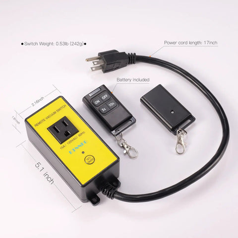 Kickstart Your Shop Setup With This Wireless Remote Automatic Vacuum Switch For 120V Dust Collectors Featuring Auto Power On Off Outlet Dual Remotes And Smart 5 To 10 Second Timer in image displaying switch, remote, and power cord.