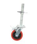 Battle Ready Six Inch Scaffold Casters With Solid Iron Rod And Premium Polypropylene Shell, featuring a red polypropylene wheel and steel leveling stem.