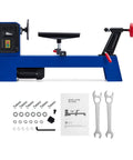 Front view of GarveeTech blue wood lathe with benchtop base and accessory kit (wrenches, screws, manual).