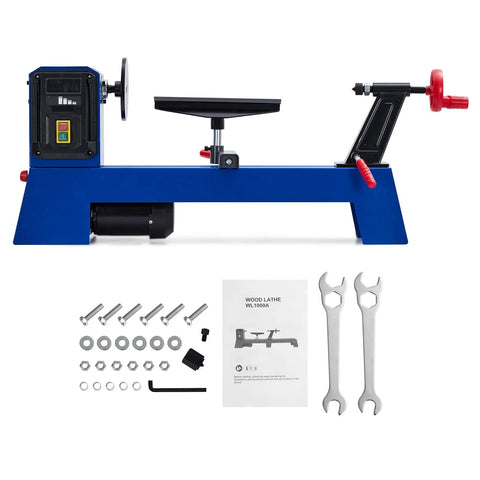Front view of GarveeTech blue wood lathe with benchtop base and accessory kit (wrenches, screws, manual).