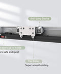 Close-up of the Concealed Barn Door Hardware Kit With Soft Close showing anti-jump device and top roller on aluminum track.