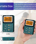 Rechargeable Pocket Radio With AM FM Tuner And Dope Reception Digital Tuning, MP3 Playback, shown in hand with dimensions