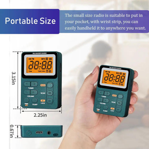 Rechargeable Pocket Radio With AM FM Tuner And Dope Reception Digital Tuning, MP3 Playback, shown in hand with dimensions