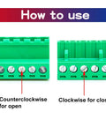 Two Sets 5.08mm Phoenix Screw Terminal Connector Set For PCB No Soldering Required showing how to use with arrows for open and close