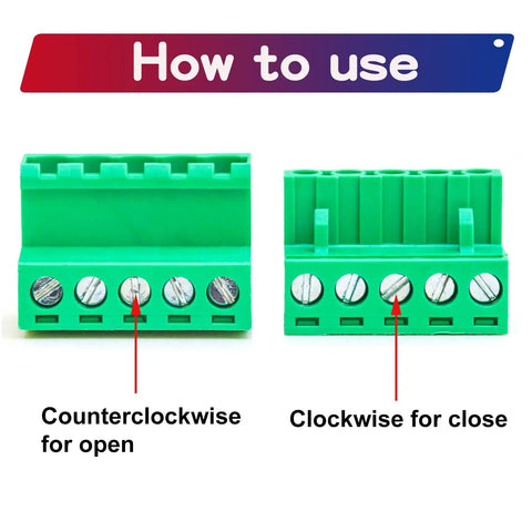 Two Sets 5.08mm Phoenix Screw Terminal Connector Set For PCB No Soldering Required showing how to use with arrows for open and close