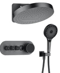 Wall Mounted Thermostatic Shower System Featuring LED Digital Display And A Slick 12 Inch Rain Shower Head With A Three Function Handheld Sprayer.