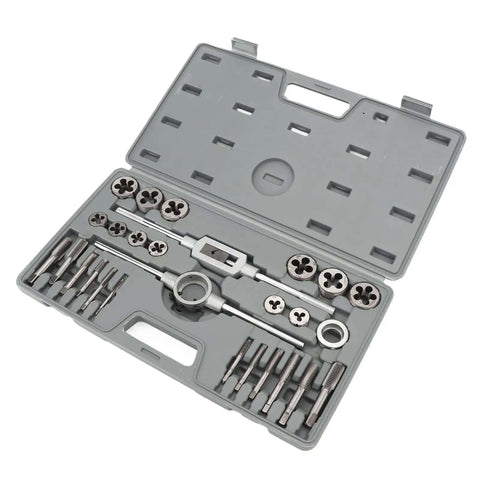 FTVOGUE Metric Tap And Die Set With Coarse Fine Teeth For 27 Piece Complete Accessories Kit To Repair Automotive Mechanical Jobs And Cut Threads Like A Boss, open case