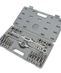 Huge 27 Piece Metric Tap And Die Set M5 M16 With Bearing Steel Tools For Heavy Duty Automotive Mechanic Repairs And Coarse Thread Cutting Projects That Are Totally Sick. Open case with M5-M16 tap and die set, bearing steel thread-cutting tools for mechanic repairs.